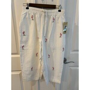 Palm Grove Embroidered Flamingos Crop Pants White Petite Medium Resort Travel NW